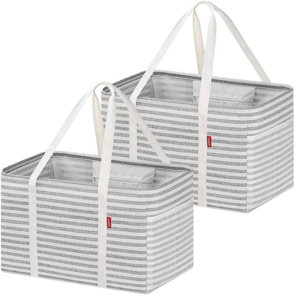 HearthHarmony 2 Pack Utility Tote Bag with Metal Wire Frame and the Sides Rinforced, Large Tote Bag with Handle, Reusable Grocery Bags Foldable, Beach Bag, Car Tote (Gray, 18.5''x11.8''x11.5'')