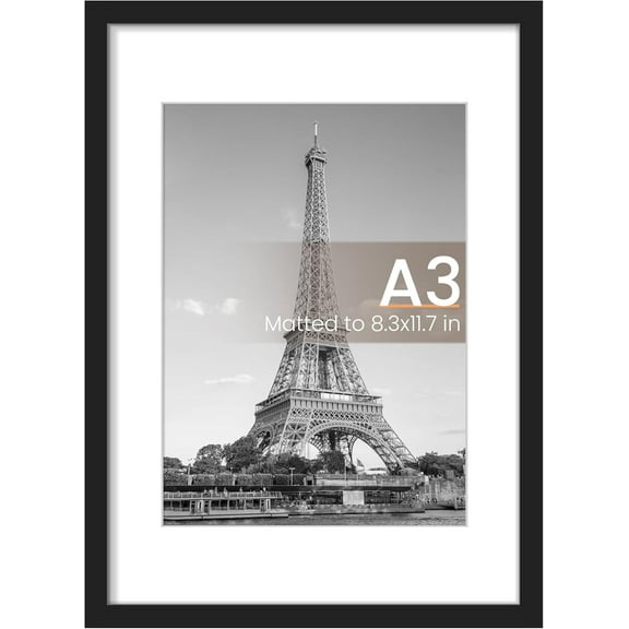 HearthHarmony A3 Picture Frame, Display Pictures 8.3x11.7 with Mat or 11.7 x 16.5 Without, Wall Hanging Poster Frames, Black, 1 Pack