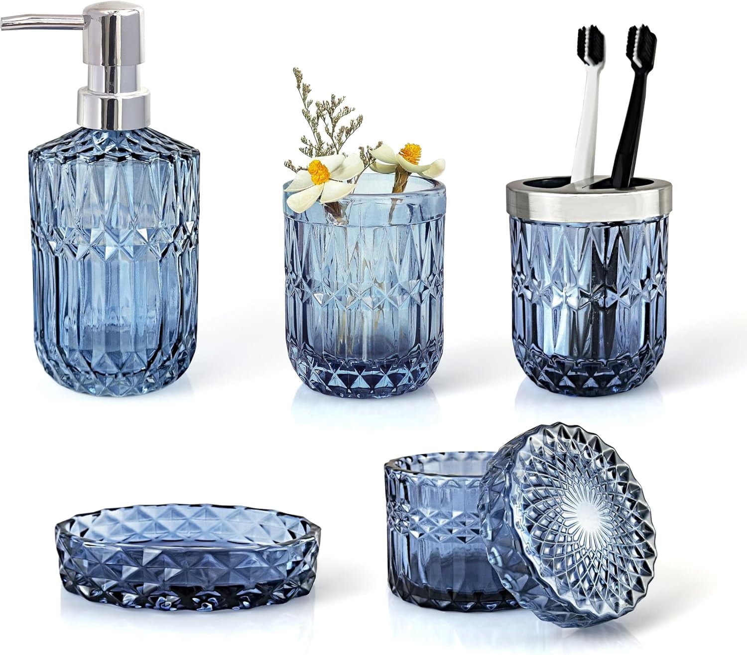 HearthHarmony Blue Bathroom Accessories Set, 5Pcs Clear Glass Bathroom ...