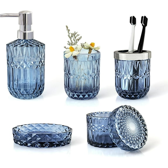 HearthHarmony Blue Bathroom Accessories Set, 5Pcs Clear Glass Bathroom Accessories, Bathroom Hand Soap Dispenser Set, Soap Dish, Toothbrush Holder Set, Vanity Bathroom Decor, Gift Set