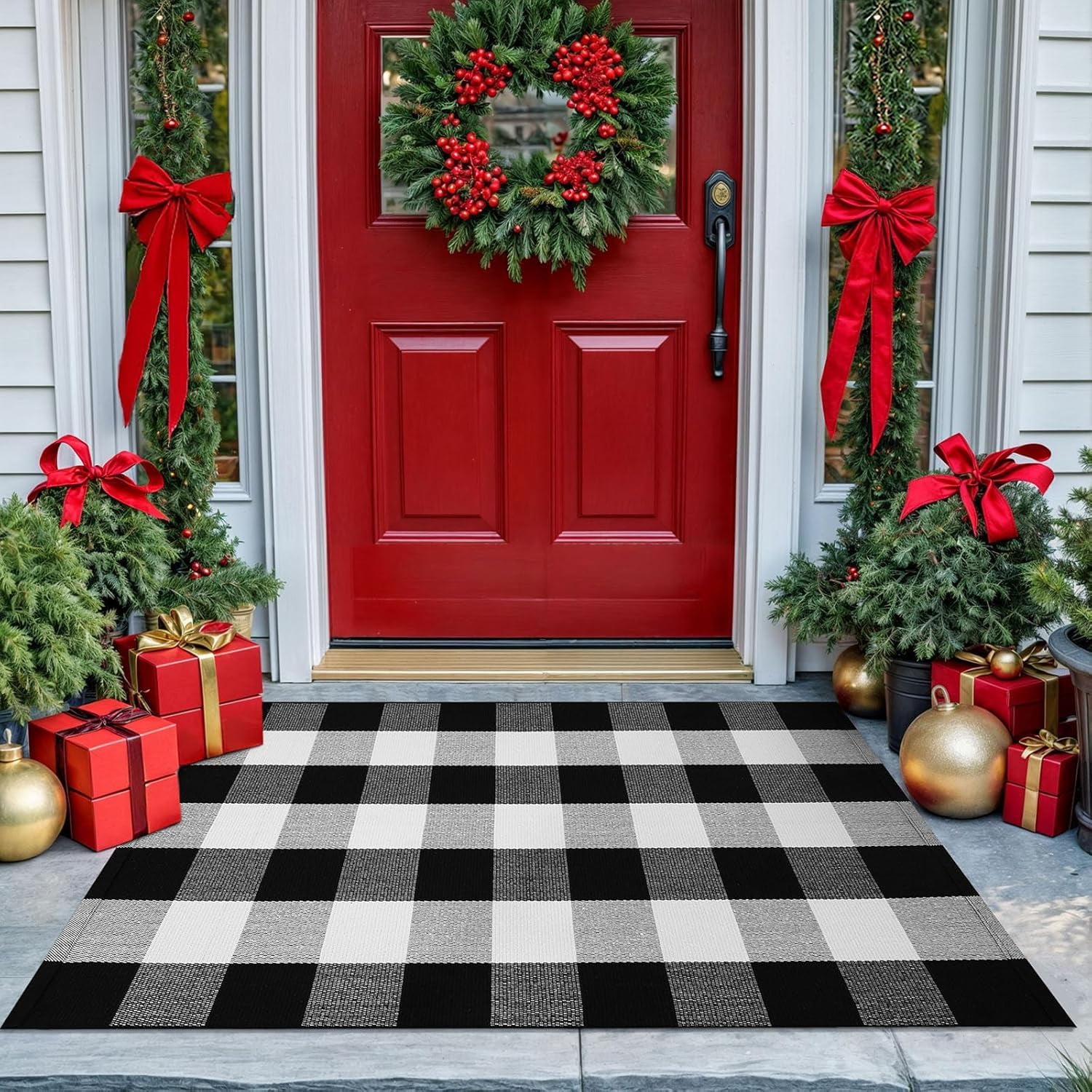 HearthHarmony Buffalo Plaid Area Rugs 27.5x43 Inches Black and White Checkered Rug Washable Front Door Mat Hand Woven Cotton Outdoor Rug Small Rug for Front Porch Kitchen Entryway Patio Bathroom
