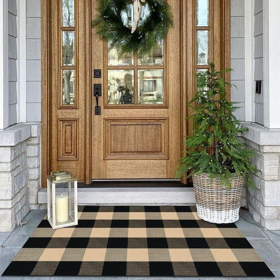 HearthHarmony Buffalo Plaid Area Rugs 27.5x43 Inches Brown and Black Checkered Rug Washable Front Door Mat Hand Woven Cotton Outdoor Rugs Small Rug for Front Porch Kitchen Entryway Patio Bathroom