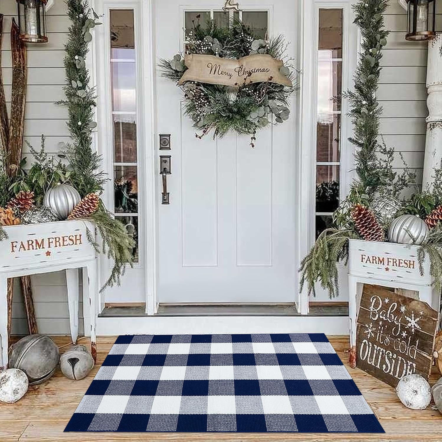 HearthHarmony Buffalo Plaid Area Rugs 27.5x43 Inches Navy and White Checkered Rug Washable Front Door Mat Hand Woven Cotton Outdoor Rug Small Rug for Front Porch Kitchen Entryway Patio Bathroom