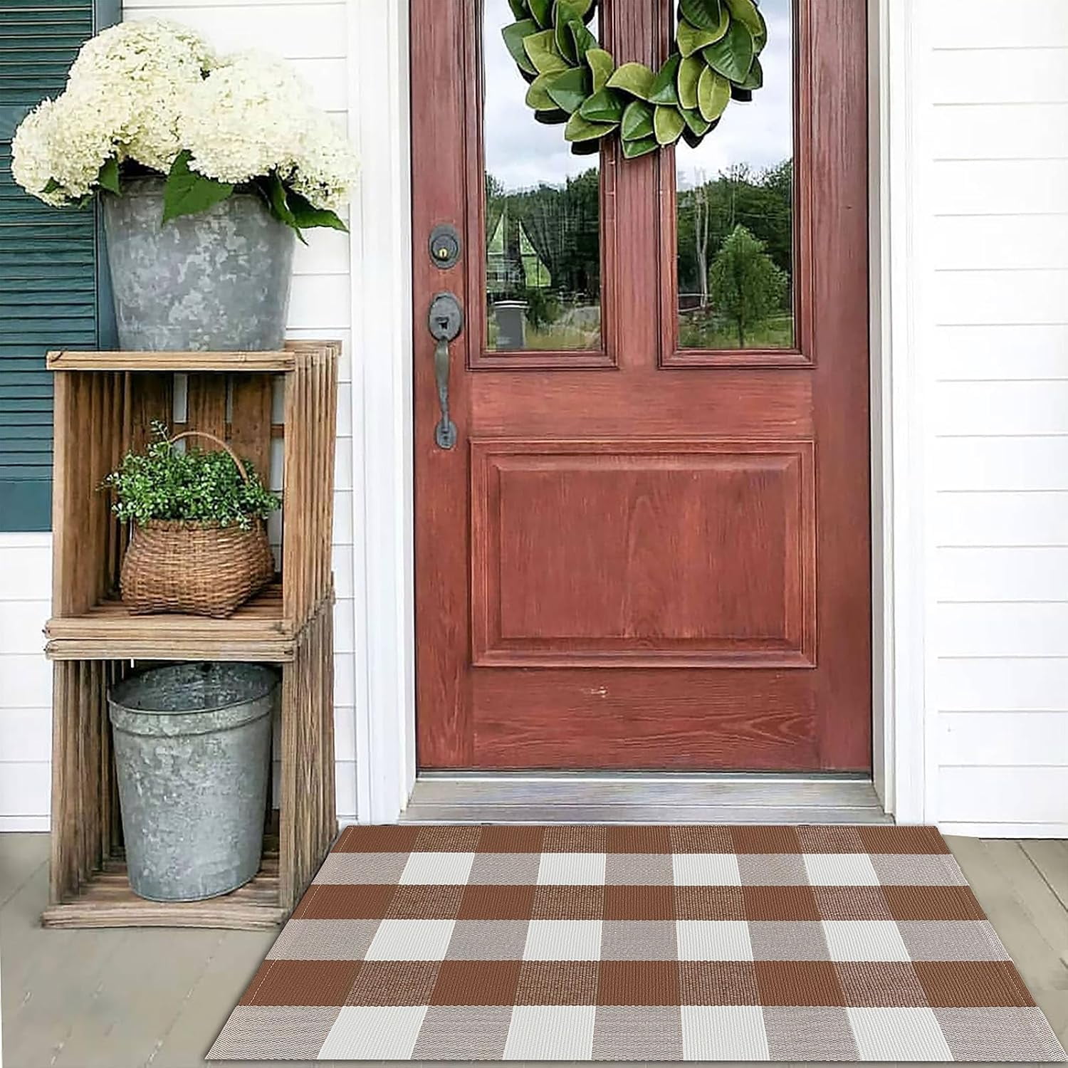HearthHarmony Buffalo Plaid Area Rugs 2x3 Ft Coffee and White Checkered Rug Washable Front Door Mat Hand Woven Cotton Outdoor Rug Small Rug for Front Porch Kitchen Entryway Patio Bathroom