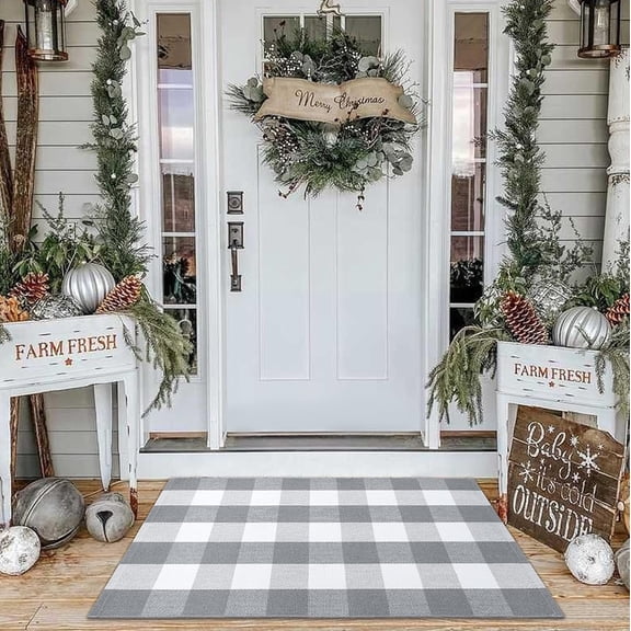 HearthHarmony Buffalo Plaid Rug 27.5x43 Inches Grey and White Outdoor Rugs Hand Woven Cotton Washable Indoor Buffalo Check Rug Layered Doormats for Front Door/Front Porch/Farmhouse/Entryway/Patio