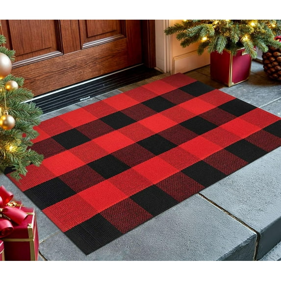 HearthHarmony Buffalo Plaid Rug 2x3 Ft Red and Black Small Checkered Rug Christmas Halloween Fall Door Mat Woven Cotton Washable Area Rugs Door Mat Outdoor Entrance for Front Porch Entryway
