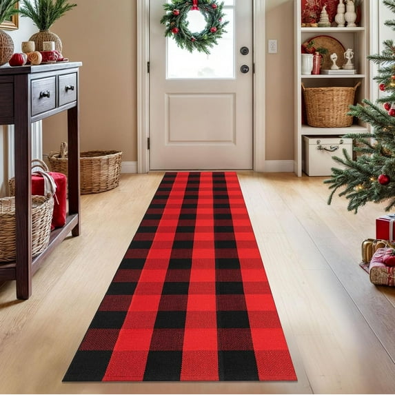 HearthHarmony Buffalo Plaid Rug 2x8 Ft Runners for Hallways Washable Checkered Rug Red and Black Christmas Rugs Woven Cotton Kitchen Fall Rug Halloween Decor for Hallway Kitchen Living Room