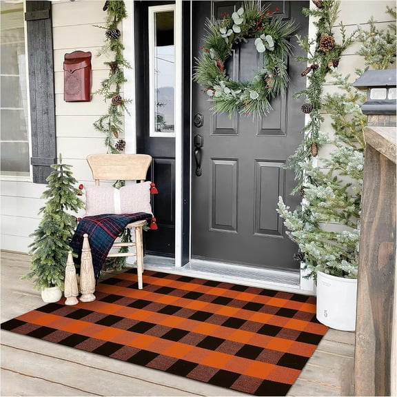 HearthHarmony Buffalo Plaid Rug 3x5 Ft Orange and Black Checke Orange Rug Halloween Fall Door Mat Woven Cotton Washable Area Rugs Door Mat Outdoor Entrance for Front Porch Entryway Fall Decor