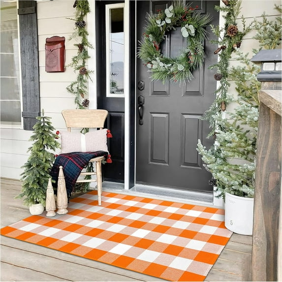 HearthHarmony Buffalo Plaid Rug 3x5 Ft Orange and White Checke Orange Rug Halloween Fall Door Mat Woven Cotton Washable Area Rugs Door Mat Outdoor Entrance for Front Porch Entryway Fall Farmhouse