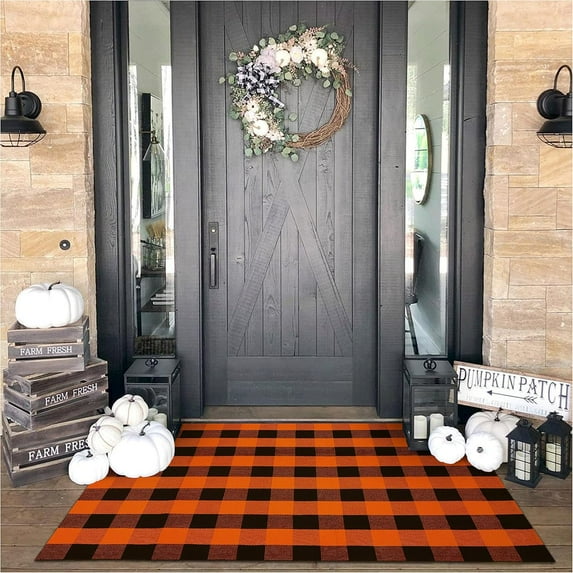 HearthHarmony Buffalo Plaid Rug 4x6 Ft Orange and Black Outdoor Rugs Washable Checke Orange Rug Cotton Hand-Woven Halloween Door Mat Outdoor Indoor Fall Area Rugs for Front Door Patio Kitchen Bedroom