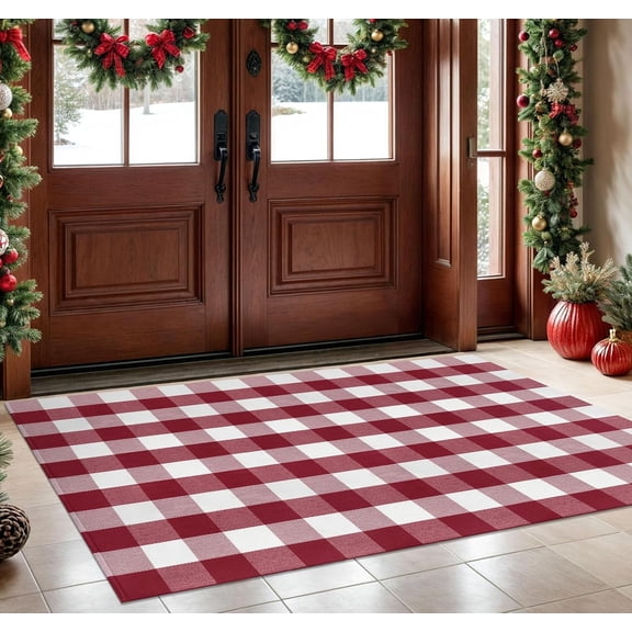 HearthHarmony Buffalo Plaid Rug 4x6 Ft Red and White Outdoor Rugs Washable Checkered Rug Cotton Christmas Door Mat Outdoor Indoor Area Rugs Halloween Fall Rug for Front Door Patio Kitchen