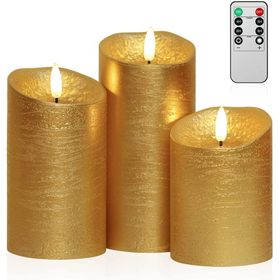 HearthHarmony Gold Flameless Candles with Remote, Real Wax Battery Operated Electir LED Pillar Candles with Timer for Valentines Wedding Party Home Decor Halloween Christmas, Set of 3
