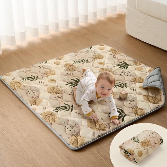 HearthHarmony Portable Child Play Mats for Floor, Thick Cushioned Foldable Child Crawling Mat for Indoor Outdoor, Non-Slip & Washable Kids Playmat for Tummy Time Activity, Earth Tones 43" X 43"
