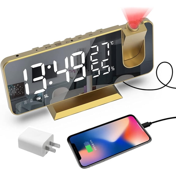 HearthHarmony Projection Digital Alarm Clock for Bedrooms, Alarm Clock Radio on Ceiling, USB Charger Port, Temperature & Humidity Display, 7.3” Large Mirror LED Display,12/24H,Snooze,Dual Loud Clock