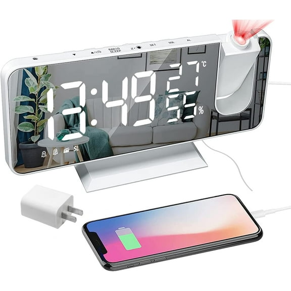 HearthHarmony Projection Digital Alarm Clock for Bedrooms, Clock Radio on Ceiling, USB Charger Port, Temperature & Humidity Display, 7.3” Large Mirror LED Display,12/24H,Snooze,Dual Loud Alarm Clock