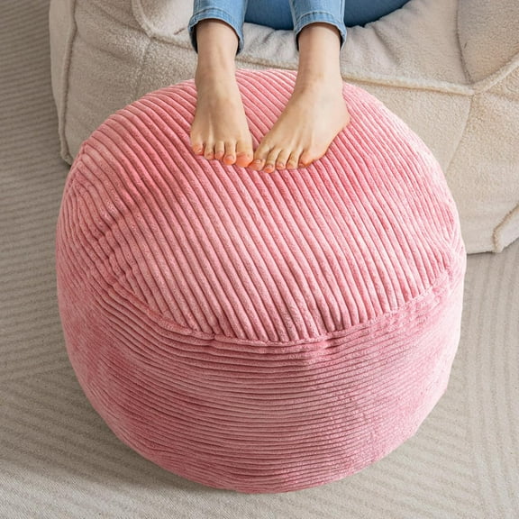 HearthHarmony Round Stuffed Pouf Ottoman, Corduroy Poufs with Foam Chunk Filling, Furry and Fluffy Pouf Foot Stool Storage Ottoman, 20 X 15 Floor Poufs Foot Rest for Living Room, Pink