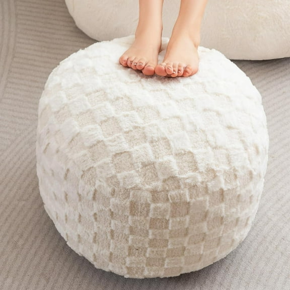 HearthHarmony Round Stuffed Pouf Ottoman, Plaid Poufs with Foam Chunk Filling, Fluffy and Furry Pouf Foot Stool Storage Ottoman, 20 X 15 Floor Poufs Foot Rest for Living Room, Beige