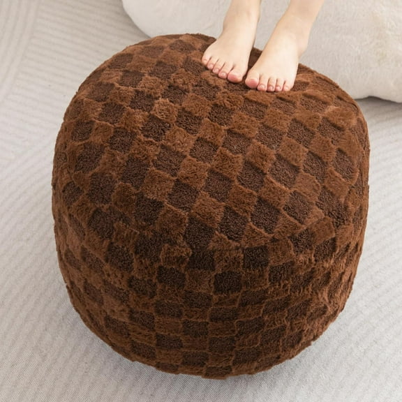 HearthHarmony Round Stuffed Pouf Ottoman, Plaid Poufs with Foam Chunk Filling, Fluffy and Furry Pouf Foot Stool Storage Ottoman, 20 X 15 Floor Poufs Foot Rest for Living Room, Coffee