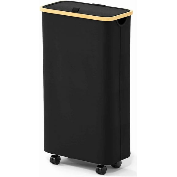 HearthHarmony Slim Laundry Hamper with Wheels and Lid,62L Rolling Narrow Clothes Basket with Bamboo Handle, Large Laundry Hamper for Bedroom, Bathroom, Dorm, Laundry Room - Black