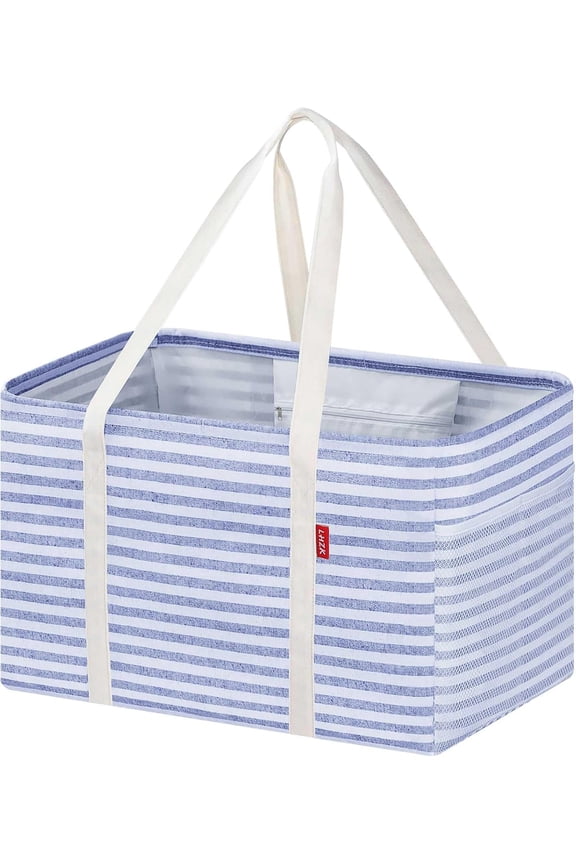 HearthHarmony Standing Utility Tote Bag with Metal Wire Frame and the Sides Rinforced, Large Tote Bag with Handle, Reusable Grocery Bags Foldable, Beach Bag, Car Tote (Blue, 18.5''x11.8''x11.5'')