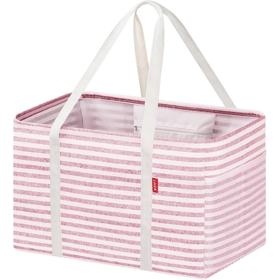 HearthHarmony Standing Utility Tote Bag with Metal Wire Frame and the Sides Rinforced, Large Tote Bag with Handle, Reusable Grocery Bags Foldable, Beach Bag, Car Tote (Pink, 18.5''x11.8''x11.5'')