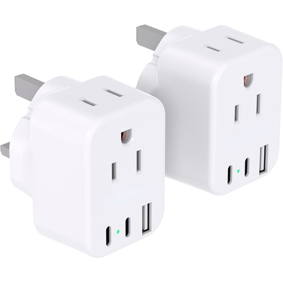 HearthHarmony UK Travel Plug Adapter,US to UK Type G Ireland Travel Adapter 2 Outlets 3 USB Ports(2 USB C),UK Power Adaptor for USA to Dubai England London Scotland British Kenya Irish Hongkong,2Pack