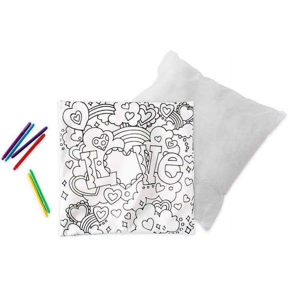 HearthSong Color Pops Color-Your-Own Pillow Kit for Kids, 15" sq. Pillow Cover, Pillow Insert, and Six Washable Markers, Heart