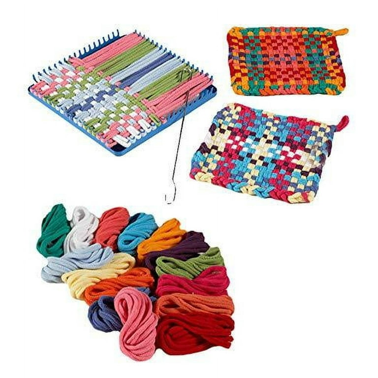 HearthSong Hook and Loop Potholder Set with Loom, Weaving Hook, and 115  Cotton Loops (Makes Three Potholders)
