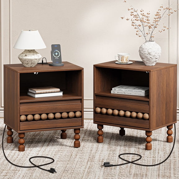 Hearthlight Home Modern Nightstand Set of 2 with Charging Station, Bedside Table with Wooden Ball Accent Drawer & Open Shelf, End Table for Bedroom, Living Room,Walnut