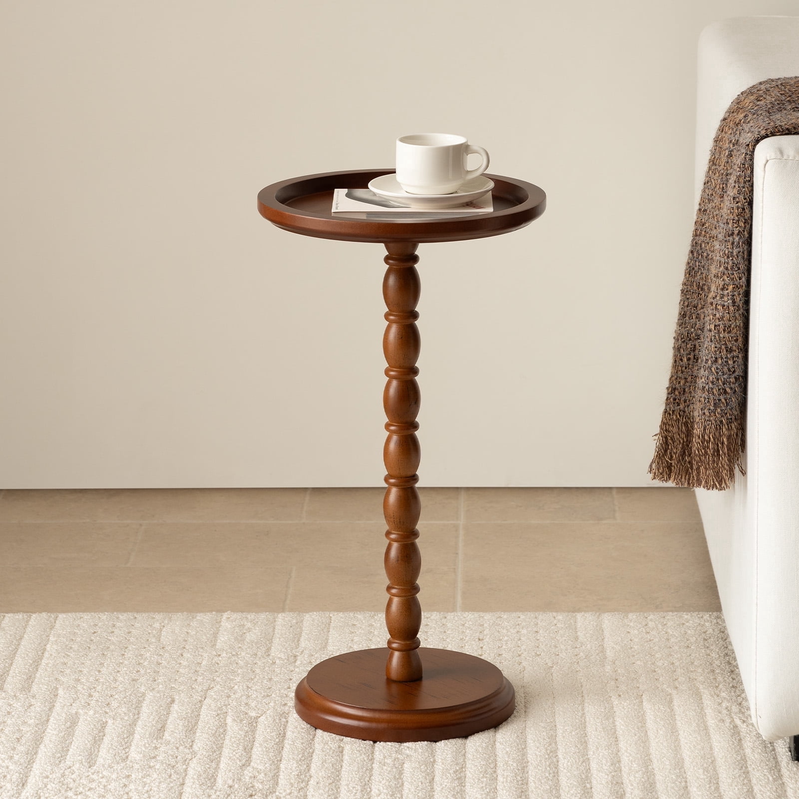 Hearthlight Home Round Side Table, Small Drink Table End Table with Solid Wood Leg for Living Room Bedroom Office,Brown,12inch