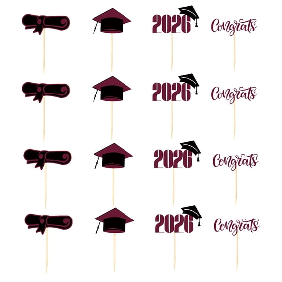 Hearthoom 1Set of 16Pcs 2026 Graduation Cupcake Toppers Glitter Diploma Congrats Grad Cap Cupcake Picks Class of 2026 Cake Decorations for 2026 Graduation Theme Party Supplies,Red