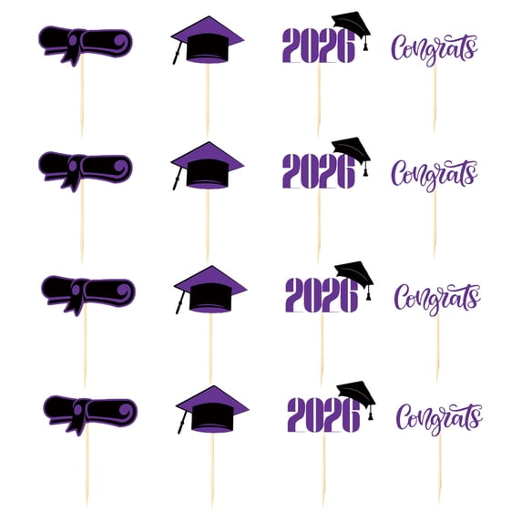 Hearthoom 1Set of 16Pcs 2026 Graduation Cupcake Toppers Glitter Diploma Congrats Grad Cap Cupcake Picks Class of 2026 Cake Decorations for 2026 Graduation Theme Party Supplies,Purple