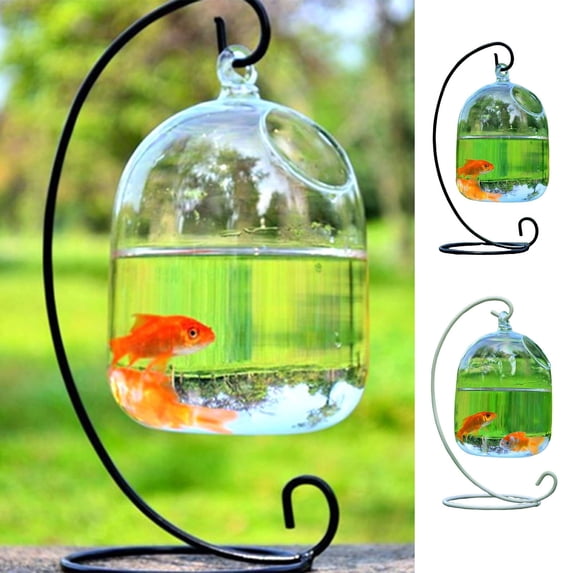 Hearthoom Desk Hanging Clear Glass Fish Bowl for Small Freshwater Fish And Water Plant Display, Aquarium Impermeable Construction Glass Vase Aquarium for Office Accessory Black,White