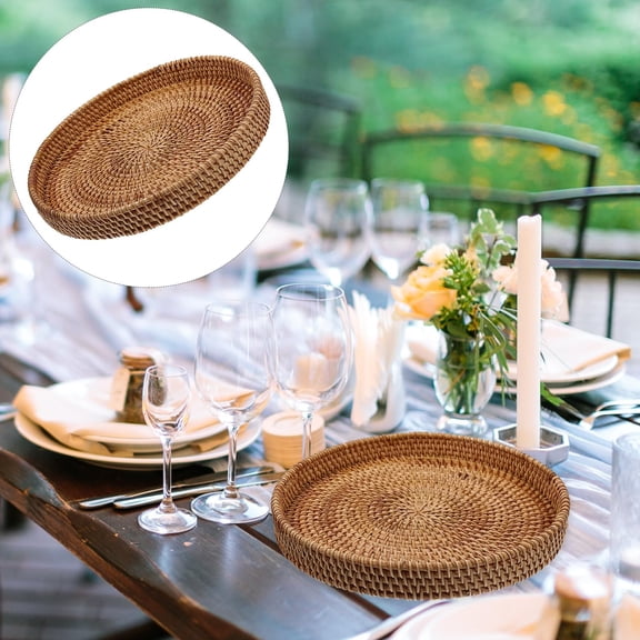 Hearthoom Round Rattan Tray, Woven Decorative Tray Basket,Decorative Coffee Table, Wicker Basket Tray for Bathroom, Home Decoration, Coffee Table, Party Brown 1
