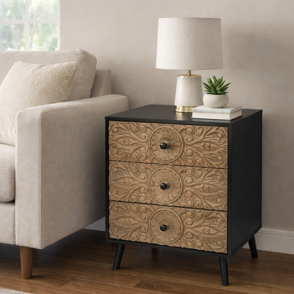 Hearthora 3-Drawer Carved Wood Accent Cabinet, Black Frame Storage Chest for Living Room or Bedroom