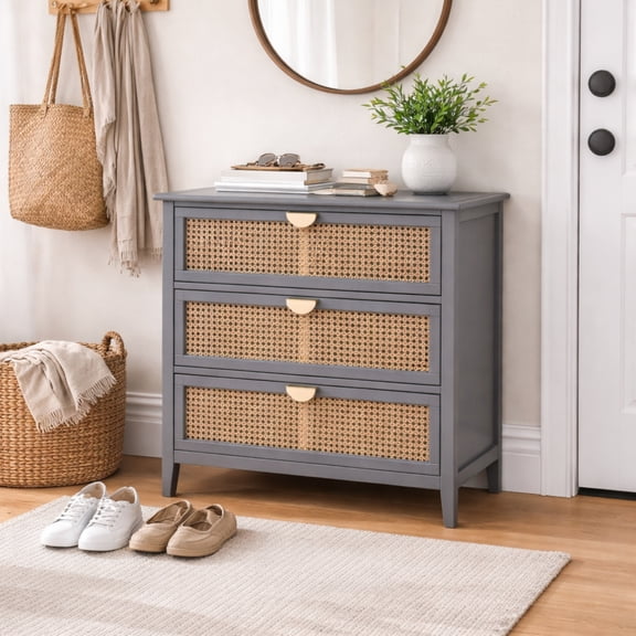 Hearthora 3-Drawer Rattan Storage Cabinet, Gray MDF Chest for Bedroom Living Room