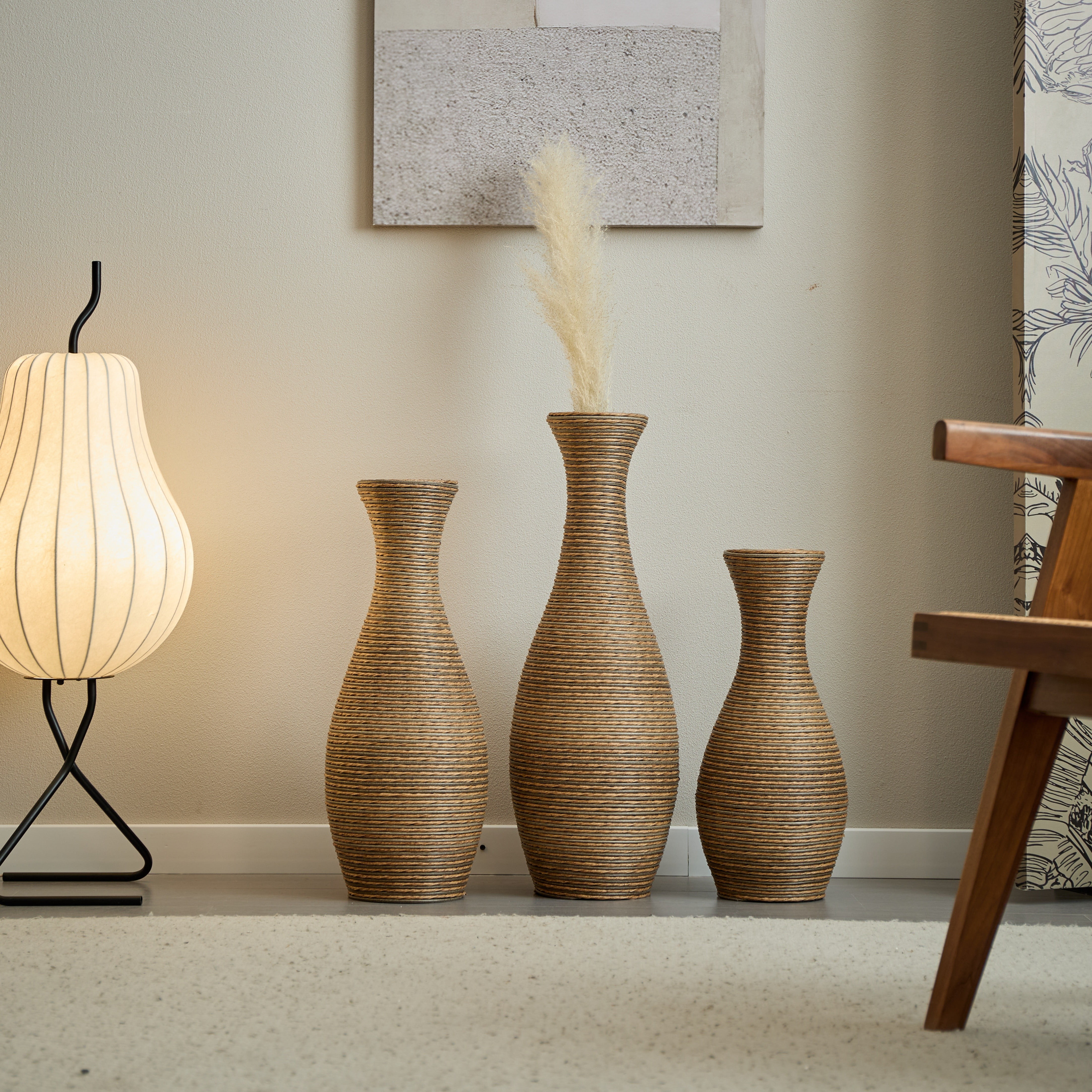 Hearthora 3-Piece Artificial Rattan Floor Vase Set, Beige Decorative Vases for Living Room, Entryway & Hallway