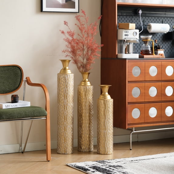 Hearthora 3-Piece Gold Metal Decorative Floor Vase Set – Embossed Vine ...