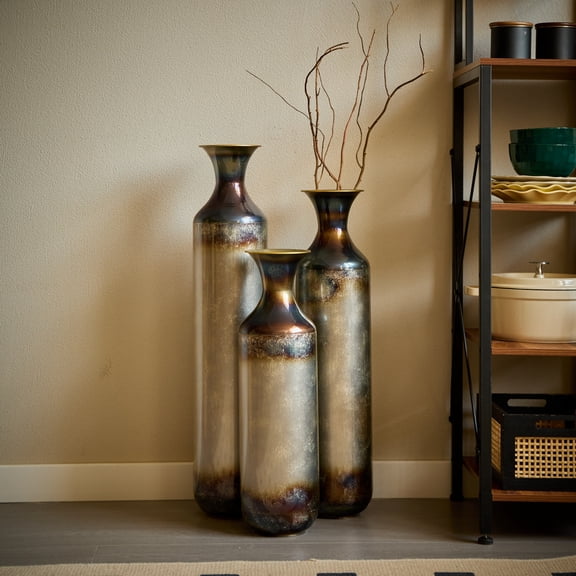 Hearthora 3-Piece Modern Droplet Floor Vase Set, Gold & White Ombre Metal Decorative Vases