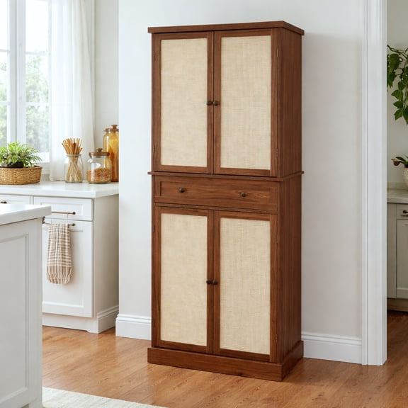 Hearthora 4-Door Storage Cabinet with Drawer, Adjustable Shelves, Walnut Finish, Tall Pantry Cabinet