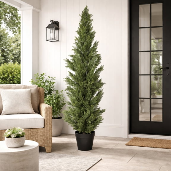 Hearthora 6FT Artificial Cypress Tree Indoor Outdoor, UV Resistant Faux Topiary Plant with Weighted Black Pot