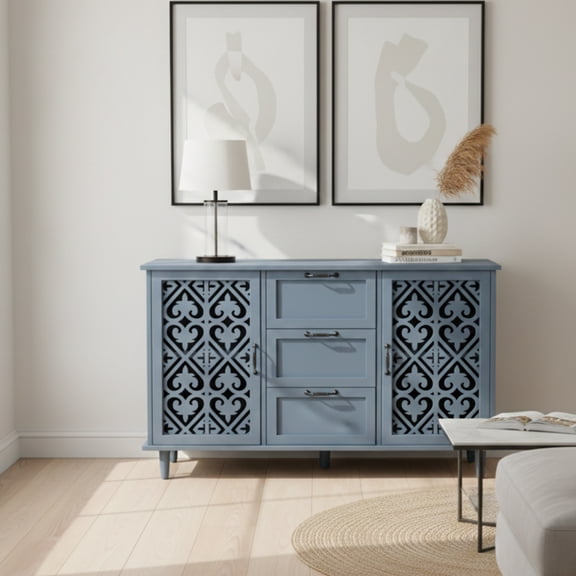 Hearthora Modern Blue Storage Cabinet with 2 Doors & 3 Drawers, Adjustable Shelf