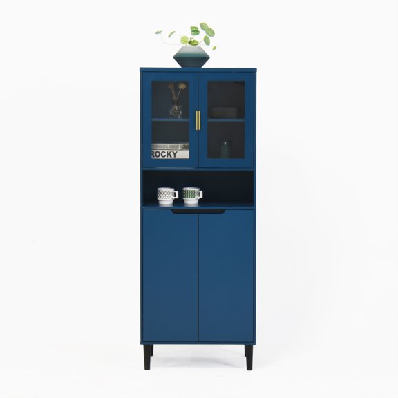 Hearthora Navy Blue Tempered Glass Door Tall Storage Bookcase, 4-Door MDF Cabinet with Adjustable Shelves for Living Room, Bedroom, Office