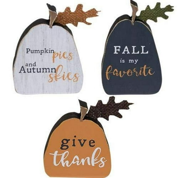 Hearthside Wood Pumpkins Set of 3 - Give Thanks Pumpkin Pies Autumn Skies Fall is My Favorite - Distressed Farmhouse Look Freestanding Burlap Leaves Thanksgiving Decor