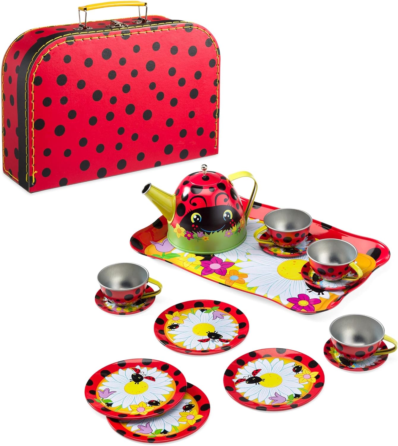 Hearthsong 15Piece LadybugThemed Tin Tea Set for Kids with Carrying