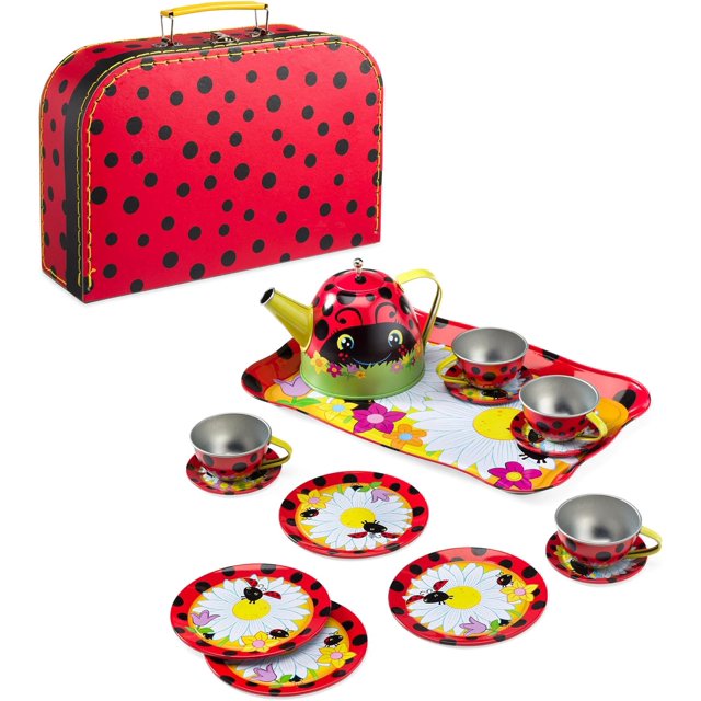 Hearthsong 15Piece LadybugThemed Tin Tea Set for Kids with Carrying
