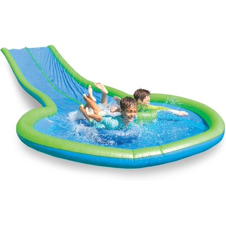 Hearthsong Extra Long 25-Foot Double Lane Water Slide with Sprinkler, Splash Pool, and 2 Inflatable Speed Boards