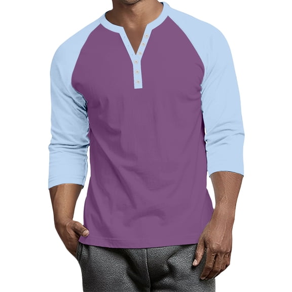 Hearthz 3/4 Length Sleeve Mens Tops Henley Neck Baseball Shirt Color Block Summer Tops for Men 2025 Fall Oversized Tshirts for Men
