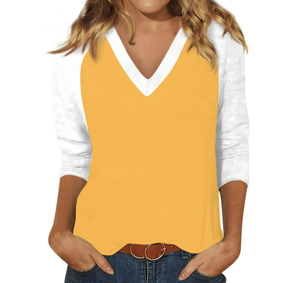 Hearthz 3/4 Length Sleeve Womens Tops V Neck Baseball Shirt Patchwork Cute Tops for Women Summer Fall Blouses for Women Dressy