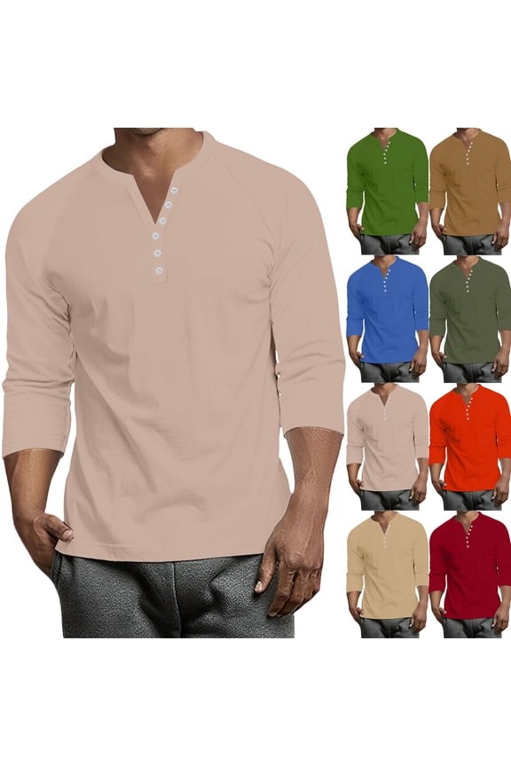 3/4 Sleeve Baseball T Shirts for Men Henley V Neck Button Down Casual Shirts for Men Big and Tall Plain Cotton T Shirts for Men Complexion S